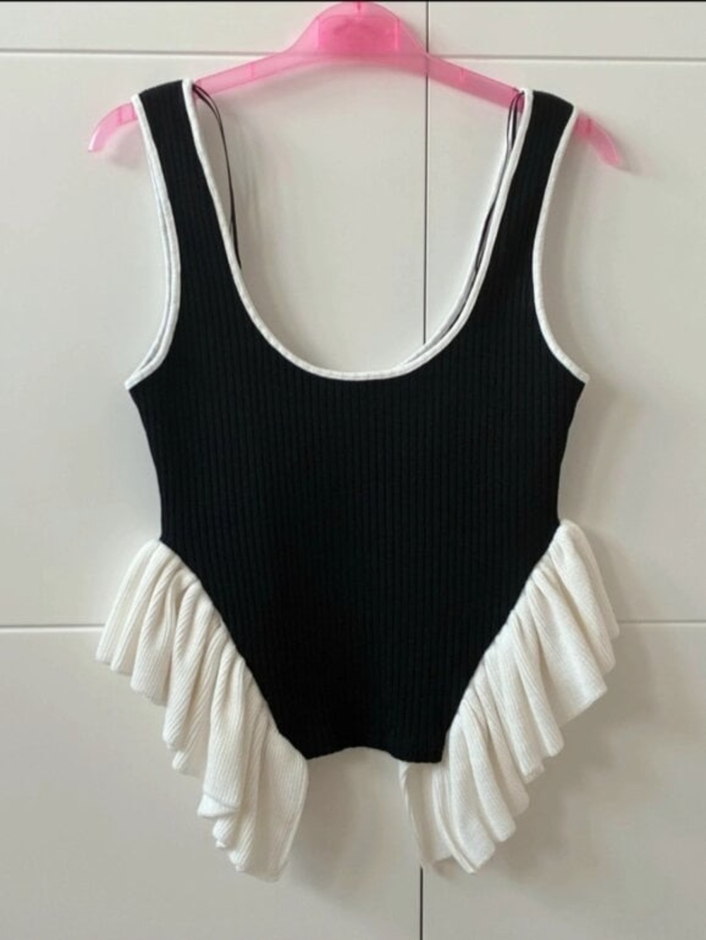 Zara Black and White Ruffled Scoop Neck Bodysuit
